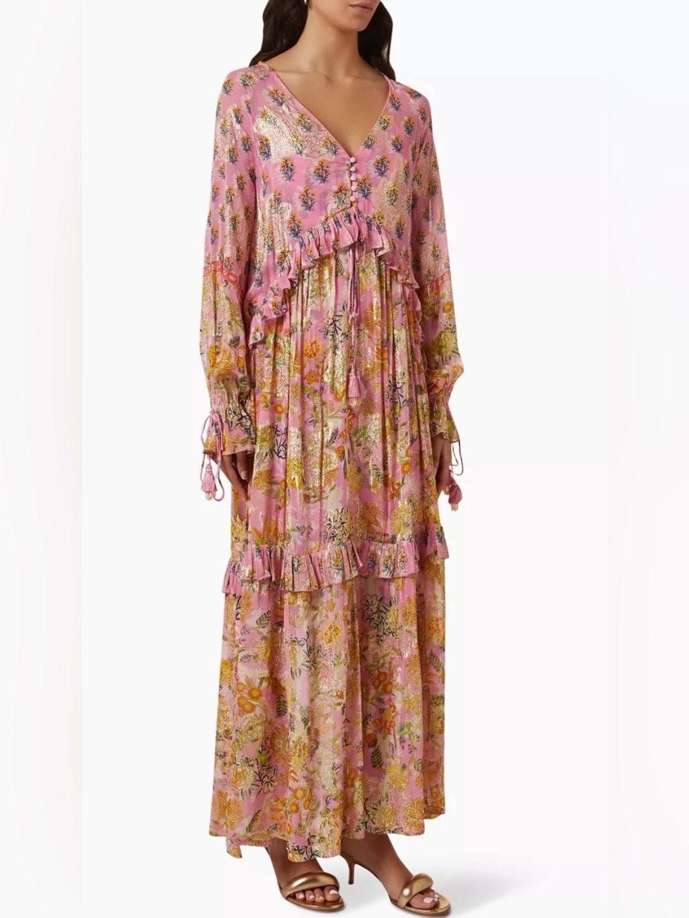 HEMANT & NANDITA Pink Floral Tiered Maxi Dress